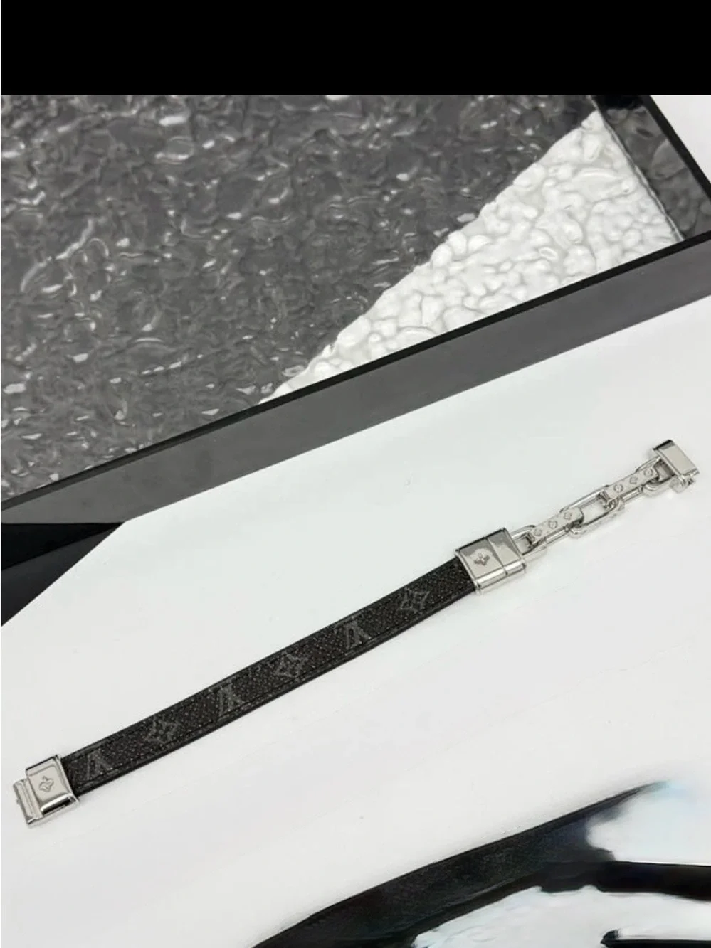 LV Half Black Leather Monogram & Half Silver Monogram Chain Bracelet